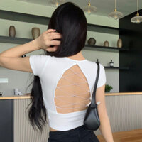 Daxingzhe Slim-fit Dây Lưng Rỗng Chữ Thập Áo Thun Ngắn Tay Nữ Có Đệm Ngực Không Eo Top