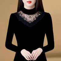 Đáy Áo Sơ Mi Thu Đông Ren Áo Thun Mỏng Hơn Nhìn Trung Niên Plus Size Nữ D Plus Nhung Giữa Dài Tay Mẹ Cổ Top Lưới Sợi