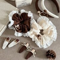 Dây buộc tóc màu cà phê với viền ren, dây buộc tóc đuôi ngựa, dây thun, dây buộc tóc búi