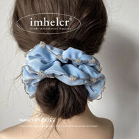 Dây buộc tóc nhung đính cườm màu xanh Đầu bóng Phụ kiện tóc đuôi ngựa