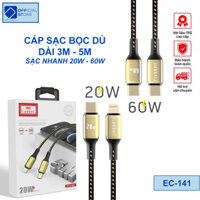 Dây cáp sạc bọc dù 20W cho TypeC-IP, 60W cho TypeC-TypeC dài 3M 5M EC-141