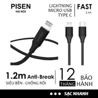 dây cáp sạc pisen micro usb type-c 2.4a chống gãy 1,20m chính hãng cho điện thoại