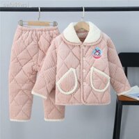 ▧⊕☌[Dày chần ba lớp] Bộ đồ ngủ lông cừu san hô cho trẻ em mùa đông nam và nữ đồ lót giữ nhiệt trẻ em flannel dịch vụ tại