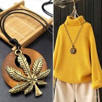 Dây chuyền da gỗ hình lá hợp kim vintage mới mùa thu đông, mặt dây chuyền dài cho áo len nữ