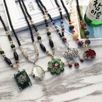 Dây chuyền đá mắt mèo thời trang vintage cao cấp cho phụ nữ, dây chuyền áo len dài phong cách dân tộc với khảm hoa và kim cương, phụ kiện đa năng