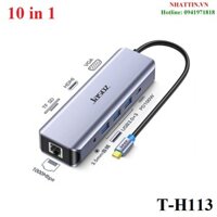 Dây chuyển đổi có chipset USB-C sang HDMI+VGA+RJ45 gigabit+3xUSB3.0+PD+SF/TF+3.5AV màu ghi dài 17cm JASOZ T-H113 cao cấp
