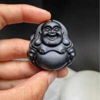 Dây chuyền mặt phật Di Lặc màu đen kèm dây dù đeo cổ.
