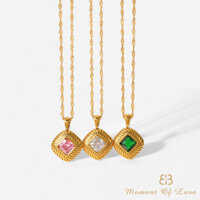 Dây chuyền thép không gỉ INS, dây chuyền mặt dây chuyền zircon trắng/hồng/xanh, nút vuông 18K vàng