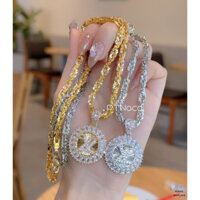 Dây chuyền, vòng cổ xoắn vuông xi bạch kim, xi mạ vàng phối mặt thương hiệu đính đá dáng tròn . PTNACC