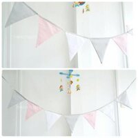 Dây cờ tam giác vải màu ghi hồng trắng, xịn may đẹp, dài 2,2m, trang trí Decor Sinh nhật