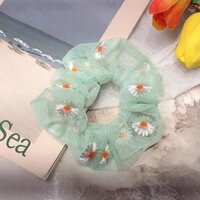 Dây cột tóc vải voan thêu hoa cúc họa mi - Xanh lá