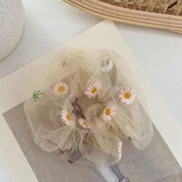 Dây cột tóc vải voan thêu hoa cúc họa mi - kem