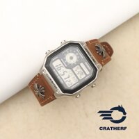 Dây da thay thế đồng hồ Casio AE1200, AE1300, F108WH, F216H da bò sáp Nâu vàng bò Rivet Handmade