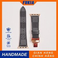 Dây da thủ công IV caro đen dành cho Apple Watch đồng hồ thông minh Series 1/2/3/4/5/6/7/SE FUKIA DDTC218