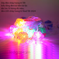 Dây đèn nháy trang trí Tết kiểu lồng đèn túi tiền tài lộc dài 5m 10 bóng đủ màu, đèn LED nháy trang trí Noel Tết 2024