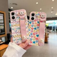 Dây đeo cổ tay hoa ngọc trai kim cương Vỏ iPhone TPU đầy màu sắc cho iPhone 16 15 14 Pro 13 12 11 Max Plus Vỏ bảo vệ