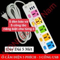 [Dây đồng 5M] Ổ Cắm Điện Đa Năng Tích Hợp 5 Ổ Điện Và 3 Cổng Sạc USB, Dây Dài 5 Mét, Phích Cắm Điện Chống Giật