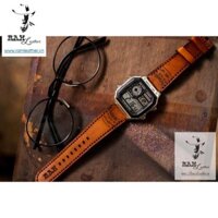 Dây đồng hồ siêu bền Casio AE 1200 WHD, 1100, 1300, Gshock Trống Đồng Light Brown Sáng da bò thật handmade Bền Đẹp