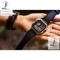 Dây đồng hồ siêu bền Casio AE 1200 WHD, 1100, 1300, Gshock da bò thật handmade Xanh Navy Trống Đồng