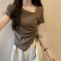Dây rút Cổ chéo Áo thun ngắn tay nữ Plus Size Mùa hè Phong cách mới Irre
