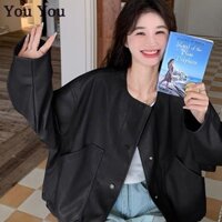 Dây rút tại viền bóng chày Đồng phục áo khoác da nữ Baggy Áo khoác thông thường