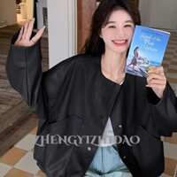 Dây rút tại viền bóng chày Đồng phục áo khoác da nữ Baggy Áo khoác thông thường
