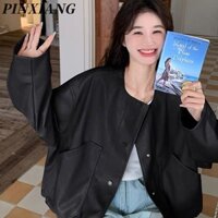 Dây rút tại viền bóng chày Đồng phục áo khoác da nữ Baggy Áo khoác thông thường