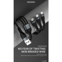 Dây sạc 3 đầu đa năng chính hãng SENDEM cáp sạc 3 in 1 bện dù siêu bền cho Samsung, Oppo, Xiaomi- IP Bảo hành 12 tháng