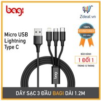 Dây sạc đa năng 3 cổng sạc Bagi CB-AS12 ( Lightning Type-C và Micro-USB) [bonus]