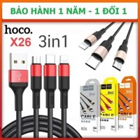 Dây Sạc Điện Thoại Đa Năng 3 Đầu (combo 2 hộp) loại tốt hàng chính hãng HOCO X26 3in1, chiều dài 1m, BH 1 năm