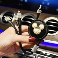 Dây sạc điện thoại Đính Đá đa năng 3 đầu sạc dây rút 3in1 gọn nhẹ tiện lợi đính đá sang trọng-Ds06 Đen đính đá