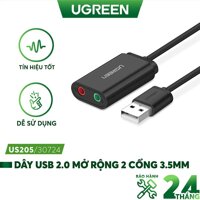 Dây USB 2.0 UGREEN US205 mở rộng sang đồng thời 2 cổng 3.5mm cho tai nghe  mic DISABLE - Hàng chính hãng - Đen 30724