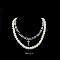 Dây vòng cổ chain xích màu bạc cá tính mix hạt ngọc chữ thập - thép ko gỉ