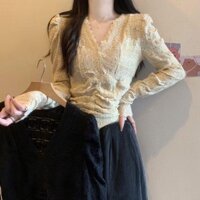 Đế Bên Trong Mỡ mm Mỏng Hơn Nhìn Pháp Cổ Chữ V Châu Âu Áo Sơ Mi Ren Top Nữ