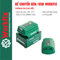 Đế chuyển pin thành sạc USB WORKFIX, 2 cổng USB, Có đèn LED, Chân pin phổ thông 4cm