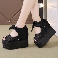 Đế Nêm Nữ Thanh Lịch Giày Cao Gót 11cm Dây Lưới Thoáng Khí Giày Size 35-39