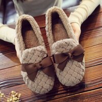 [Đế Polyurethane] Giày Đậu Hà Lan Lót Lông Cừu Mùa Đông Đáy Phẳng Giày Lông Nơ Ngọt