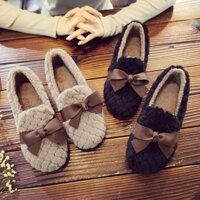 [Đế Polyurethane] Giày Đậu Hà Lan Lót Lông Cừu Mùa Đông Đáy Phẳng Giày Lông Nơ Ngọt