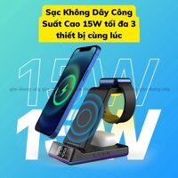 Đế Sạc Không Dây 15W 3 trong 1 dành cho điện thoại 1phone Android - Đế sạc nhanh không dây kiêm đèn ngủ và báo thức