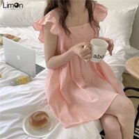 Dễ Thương Đầm Ngủ Hai Dây Cổ Vuông Viền Lá Sen Màu Hồng Xinh Xắn Thời Trang Mùa Hè Cho Nữ