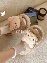 Dễ Thương kt Mèo Lông Dép Hoạt Hình Nữ Mặc Ngoài Thu Đông 2024 Phong Cách Mới Đáy Phẳng Chống Trơn Trượt Sang Trọng Bông Dép