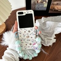 Dễ Thương Màu Hồng Tình Yêu Hello Kitty Da Bản Lề Bảo Vệ Cứng Dành Cho Samsung Galaxy Z Flip6 Flip 6 5 4 5G Vỏ Điện Thoại Với Vòng Tay Ngọc Trai