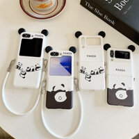 Dễ Thương Ngộ nghĩnh 3D Gấu Trúc Tai Da Dây Đeo Ốp lưng Samsung Z Flip6 ZFlip 5 ZFlip 4 5G Sang Trọng Hoạt Hình Cứng Ốp Lưng