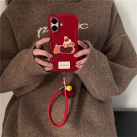 Dễ Thương Ngộ nghĩnh Màu Đỏ Ốp điện thoại Có Tóc Chuông Dây Xích Da Cho iPhone 16 15 14 13 Pro Max Ốp điện thoại Chống Sốc