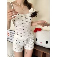 Dễ thương ngọt ngào Bow ren Sling 2025 đồ ngủ của phụ nữ mùa hè vest quần short mặc nhà có thể được mặc bên ngoài