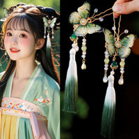 Dễ Thương Retro Xanh Bướm Kẹp Tóc Đa Năng Handmade Phong Cách Cổ Đại Cô Gái Hanfu Mũ Đội Đầu Hình Chữ U Bước Lắc Tua Rua