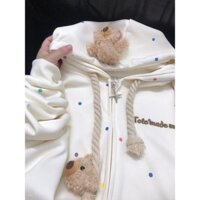 Dễ thương sang trọng có mũ trùm đầu áo len nữ chấm bi gấu bông có thể tháo rời mùa thu áo khoác dây kéo mới