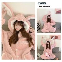DEAL 1K - Bộ đồ ngủ lông hồng tai thỏ viền bèo đáng yêu, Đồ bộ lông hàn quốc bánh bèo nữ tính - LAIKA