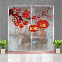 Decal cành đào và lồng đèn - tranh dán kính - decal dán kính văn phòng,nhà hàng,khách sạn PK516 (60x90cm)