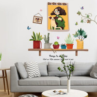 Decal chậu cây và cô gái, chi tiết rời, dán tường sau tivi, giá rẻ TPHCM